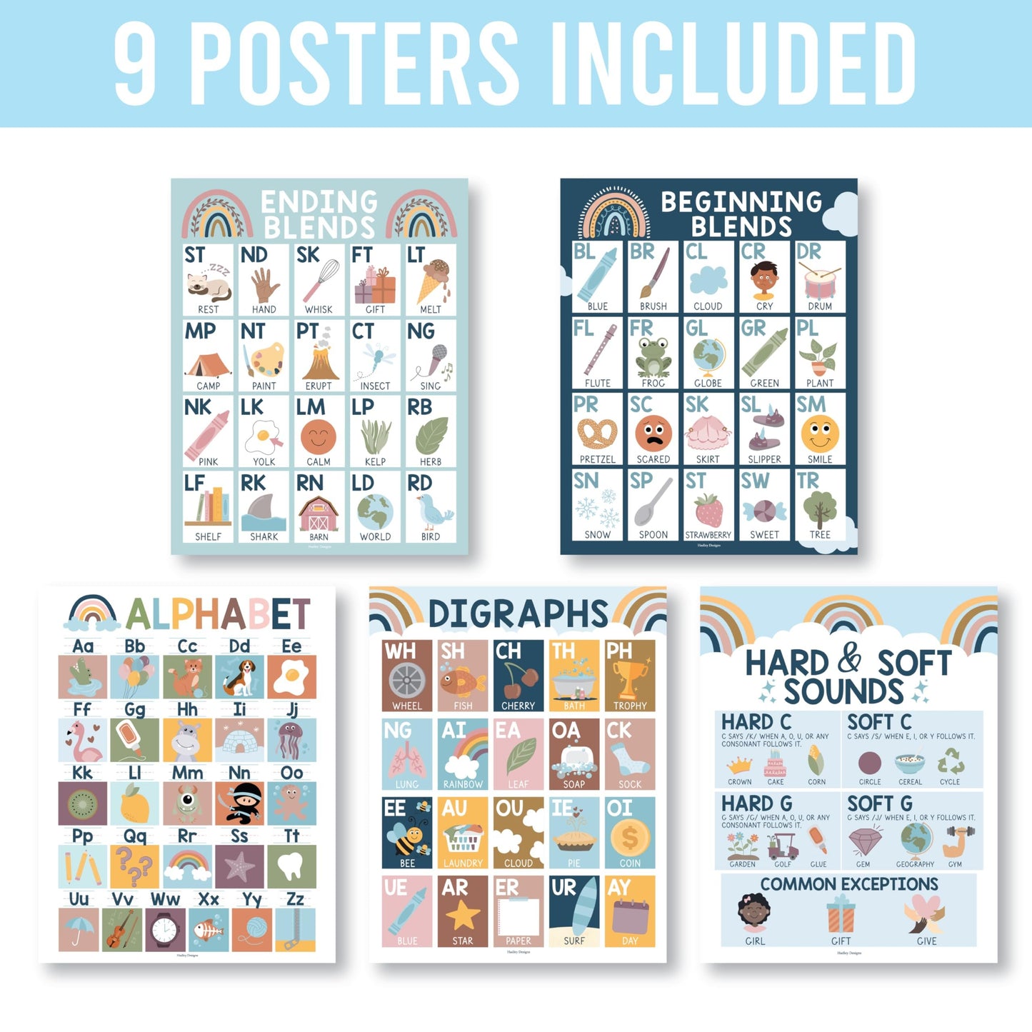 Boho Muted Phonics & Vowel Posters | Set of 9 | Educational Posters