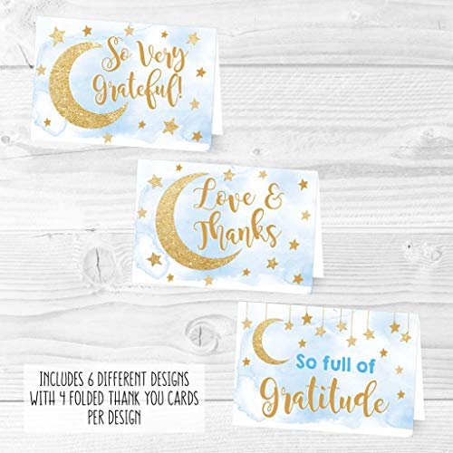 Blue Moon & Stars Folded Thank You Cards | Set of 24 | Baby Shower