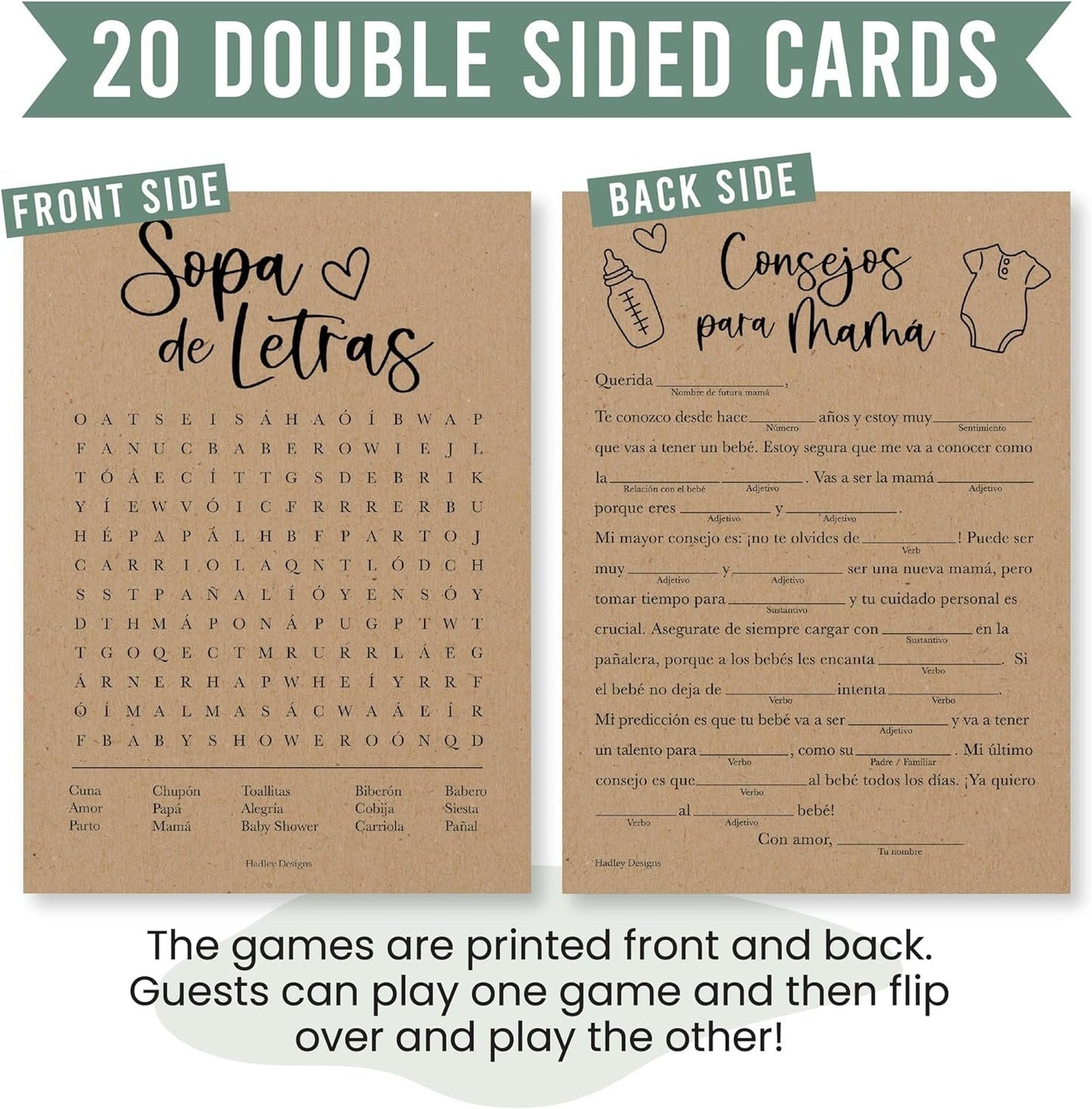Word Search & Mad Libs | Set of 20 | Spanish Baby Shower Games