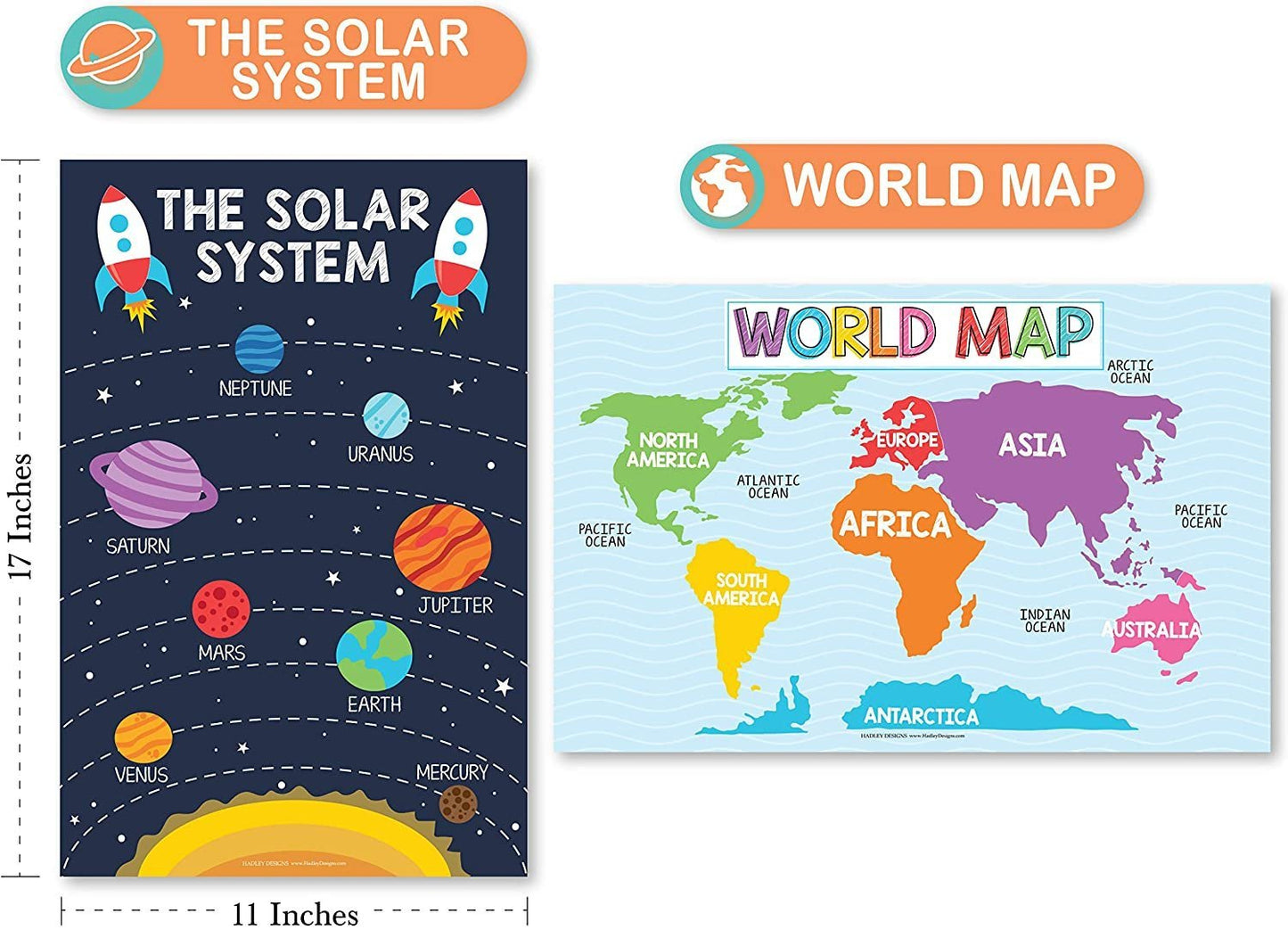 Colorful ABC, US Map, World Map, Solar System  Posters | Set of 4 | PreK Educational Posters