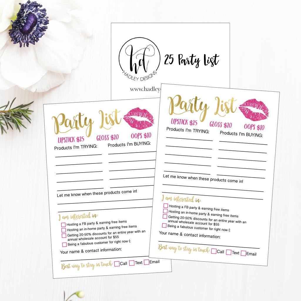 25 Lipstick Beauty Makeup Party Planner List Cards, Lip Sense Marketing Join My Team Business Distributor Supplies, Lipsense Younique Mary Kay Avon Amaway Seller Materials Tools Items Stuff Stater Kit