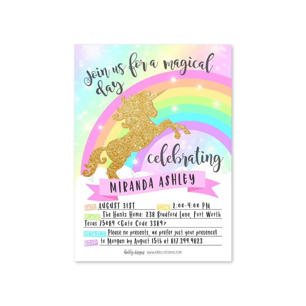 25 Gold Glitter Unicorn Kids Party Invitations