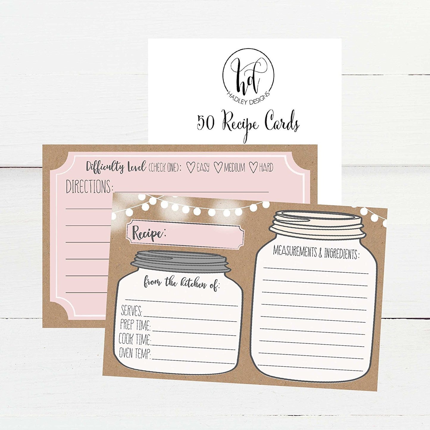 Mason Jar Blank Recipe Cards | Set of 50 Double Sided | 4x6