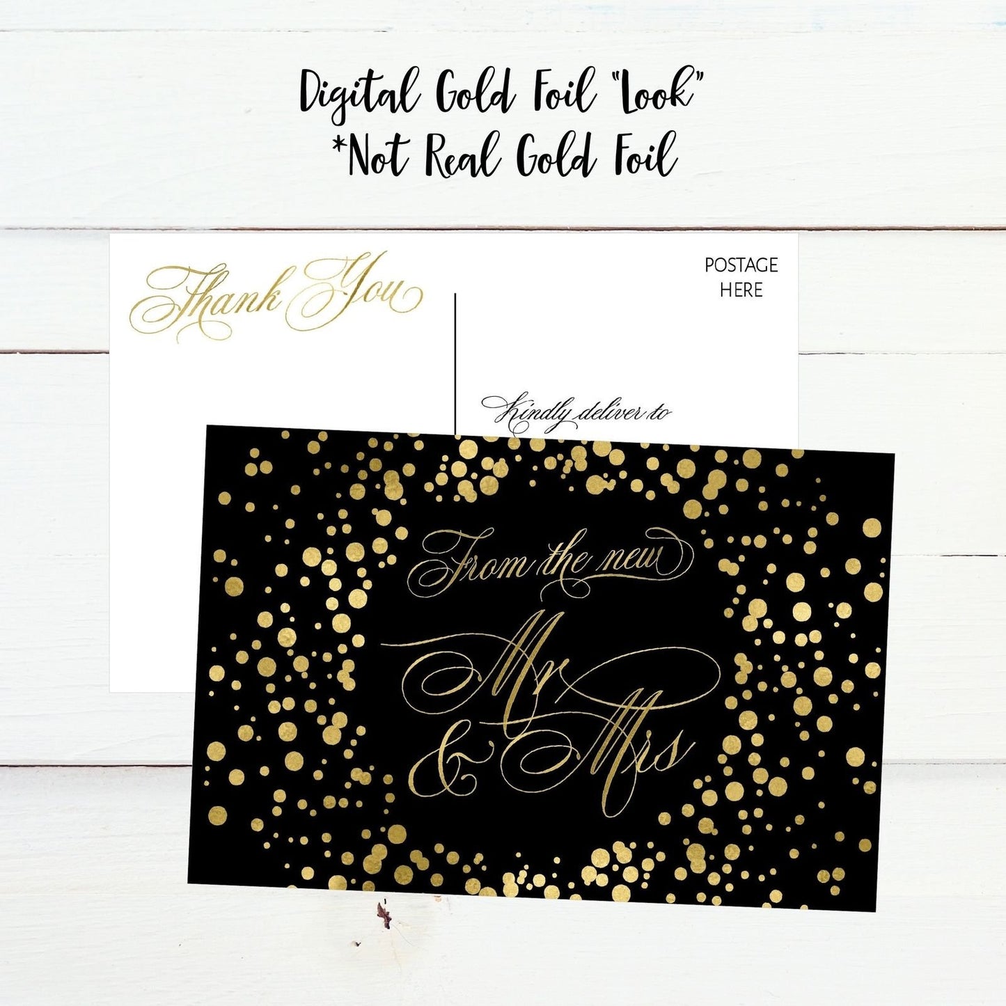 50 4x6 Black & Gold Modern Thank You Postcards Bulk, Cute Blank Thank You Cards From The New Mr. and Mrs. Thanks Note Card Stationery Set For Wedding Gifts, Bridesmaid, Bridal Shower, Engagement Party