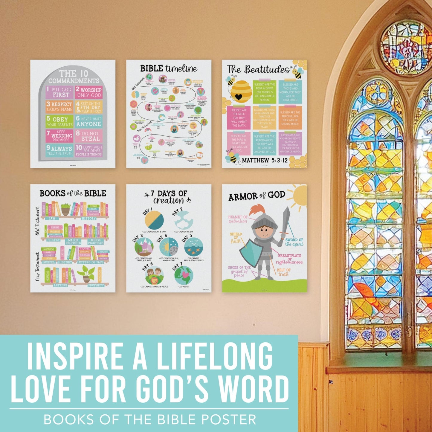 Colorful Pastel Bible Posters| Set of 9 | Sunday School Classroom