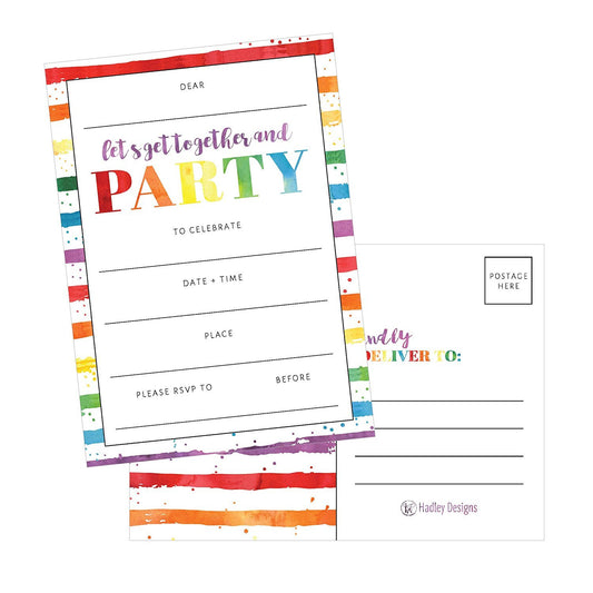 25 Art Stripe Rainbow Party Invitations for Kids, Teens, Adults, Boys & Girls, Blank Children Happy 1st Birthday Invitation Cards, Unique Baby First Bday Invites Toddler 1 2 3 Year Old Invites Fill In