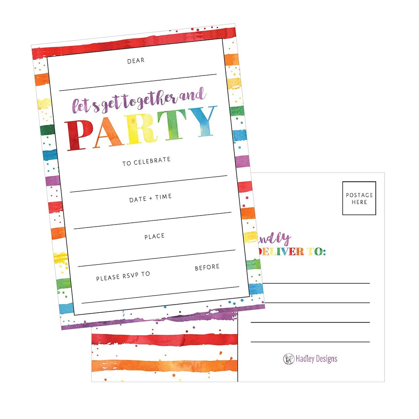 25 Art Stripe Rainbow Party Invitations for Kids, Teens, Adults, Boys & Girls, Blank Children Happy 1st Birthday Invitation Cards, Unique Baby First Bday Invites Toddler 1 2 3 Year Old Invites Fill In