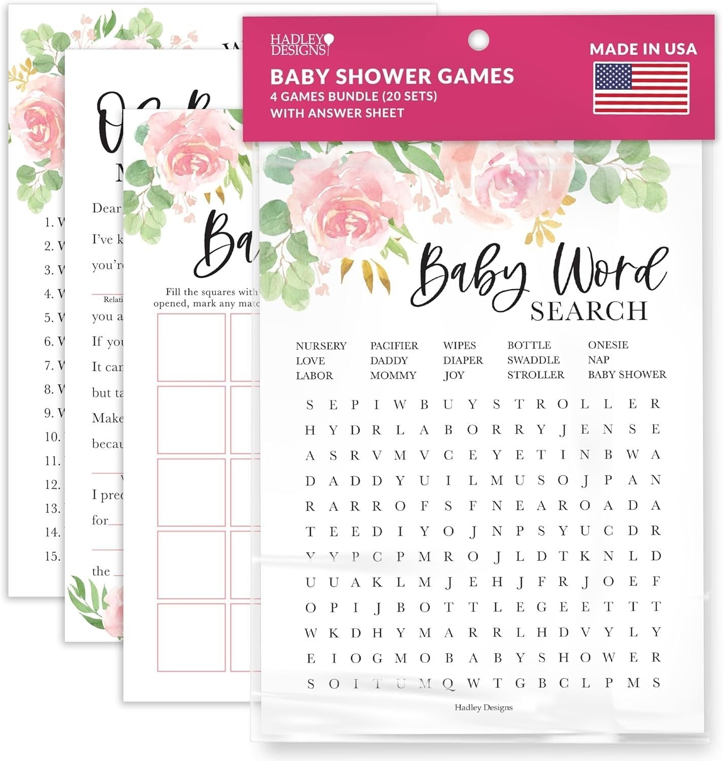 Word Search, Who Knows Mommy Best, Mad Libs, & Bingo Games | Set of 40 | Baby Shower Games