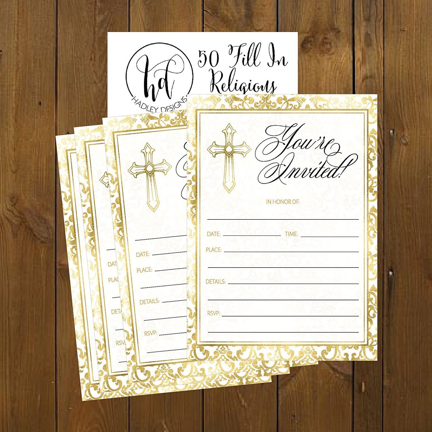 50 Gold Religious Invitations, Confirmation, Holy Communion, Baptism, Christening, Baby Dedication or Blessing, Reconciliation, 1st First Communion Invites, Easter Party Invitation Cards