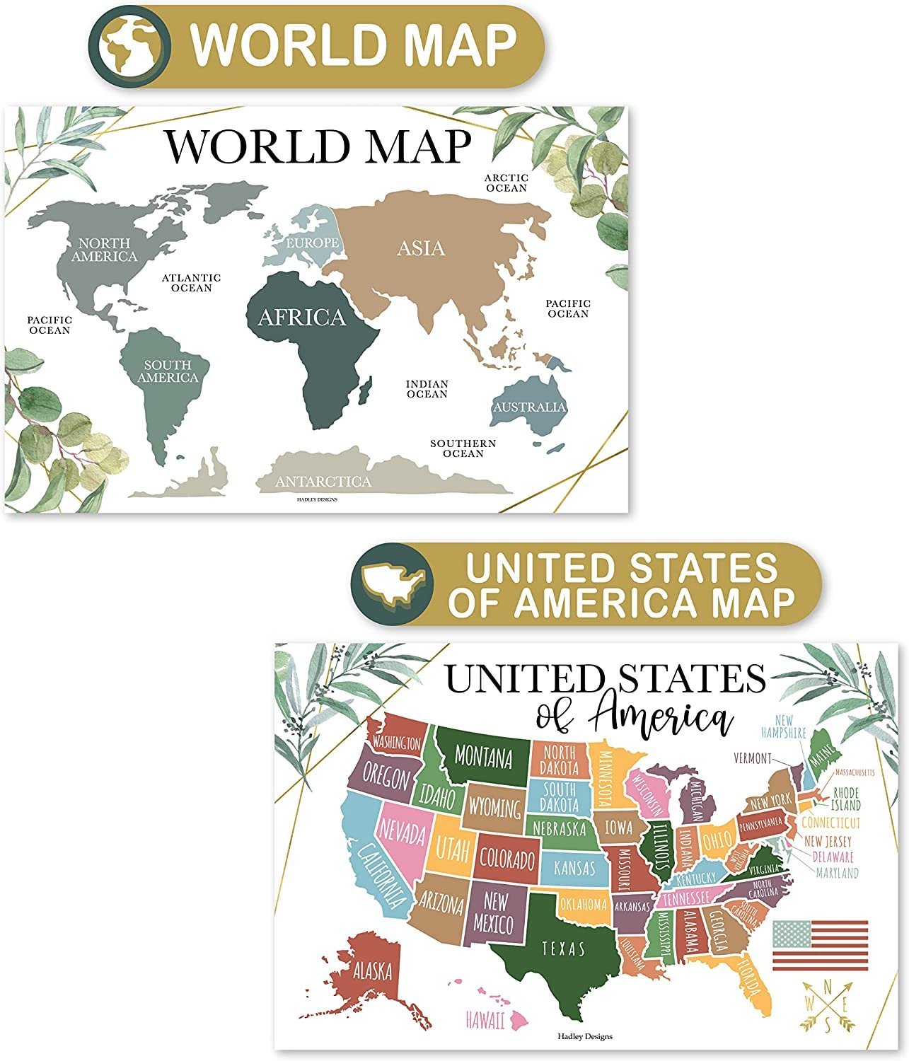 Greenery ABC, US Map, World Map, Solar System  Posters | Set of 4 | PreK Educational Posters