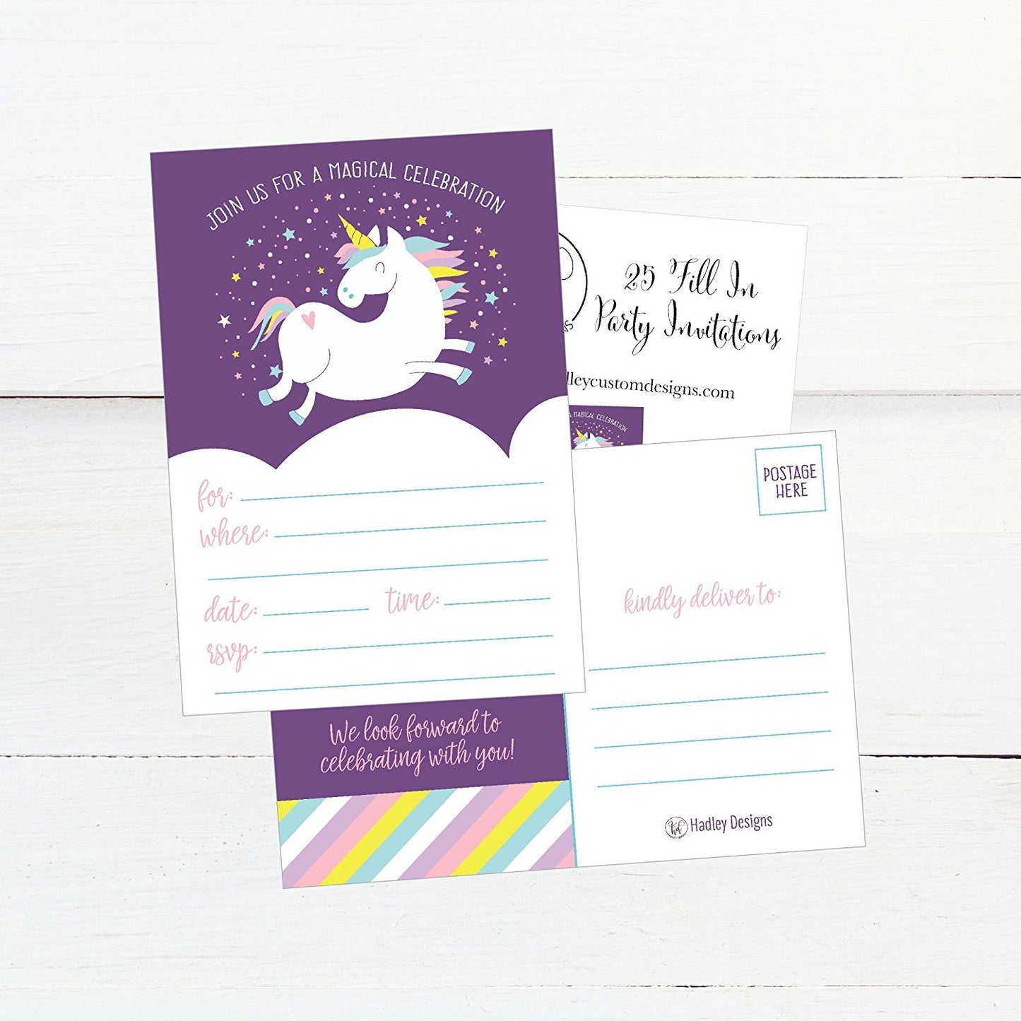 25 Unicorn Rainbow Party Invitations for Kids, Teens, Adults, Boys & Girls, Blank Children Happy 1st Birthday Invitation Cards, Unique Baby First Bday Invites, Toddler 1 2 3 year old rsvp Invites