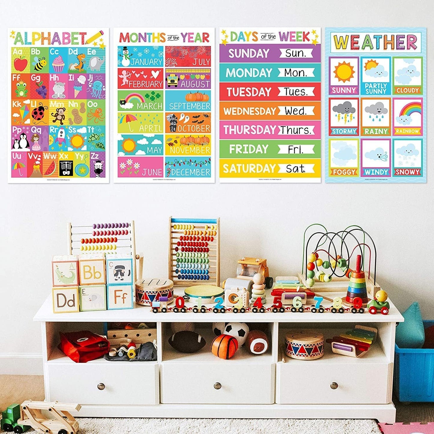 Colorful ABC, Days, Months, & Weather Prek Posters | Set of 4 | Educational Posters