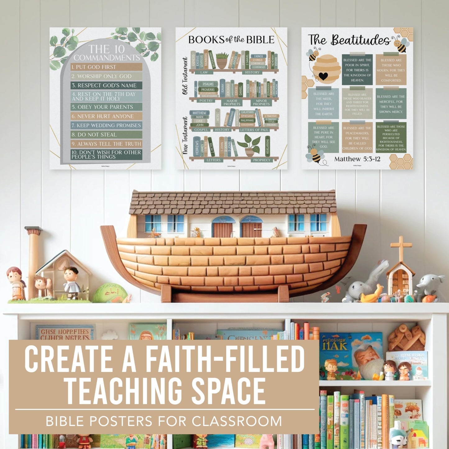 9 Greenery Sunday School Decorations For Classroom - Sunday School Posters, Christian Posters, Christian Classroom Decor, Books Of The Bible Poster, 10 Commandments For Kids, Bible Timeline Chart