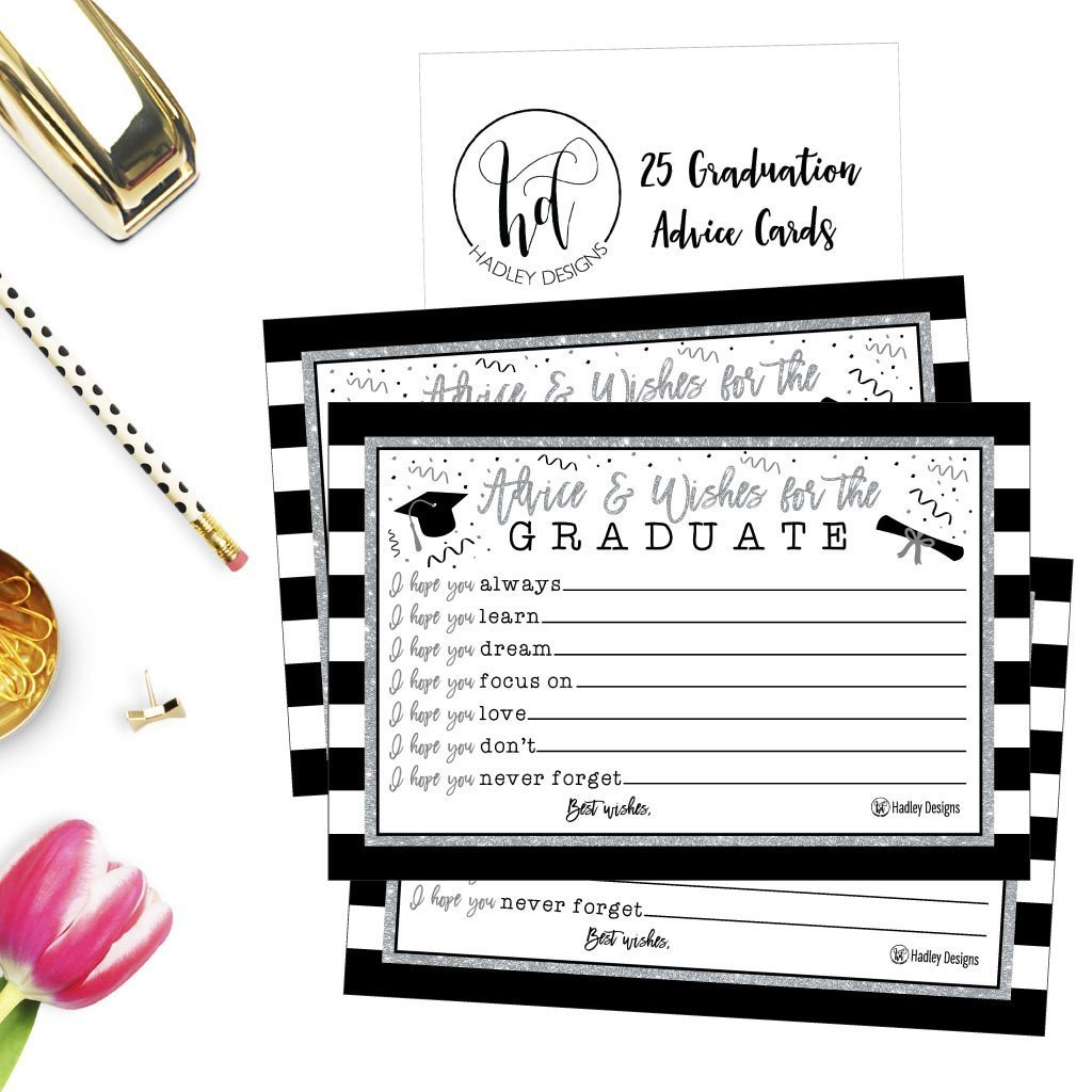 25 Silver Graduation Advice Words of Wisdom Cards For Graduate Class of 2018 College, High School, University Grad, Funny Black and Gold Party Games, Presents, Activities Keepsakes for 4x6 photo album