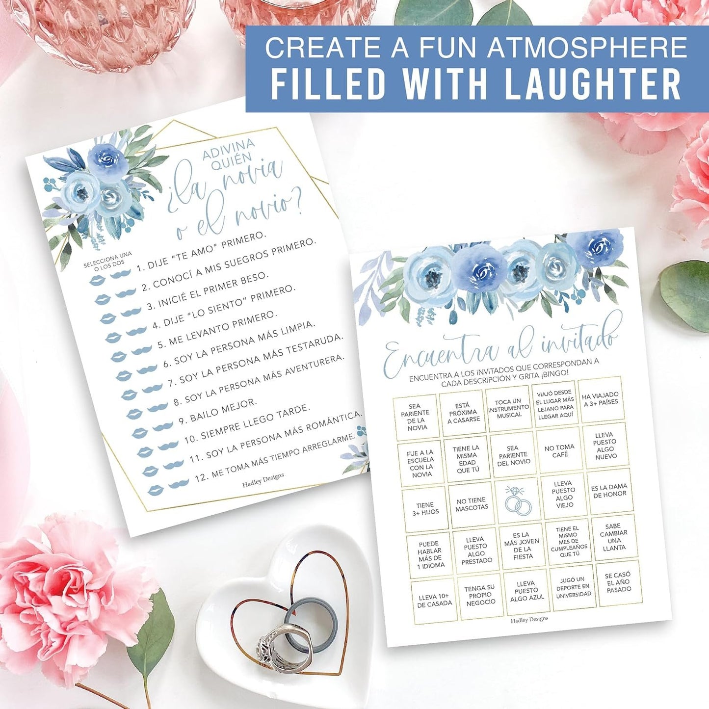 Dusty Blue Spanish Bridal Shower Games 20 Guests - Juegos Para Despedida De Soltera En Español, Wedding Shower Games, Bridal Shower Bingo In Spanish, Popular Bridal Shower Games Spanish Edition