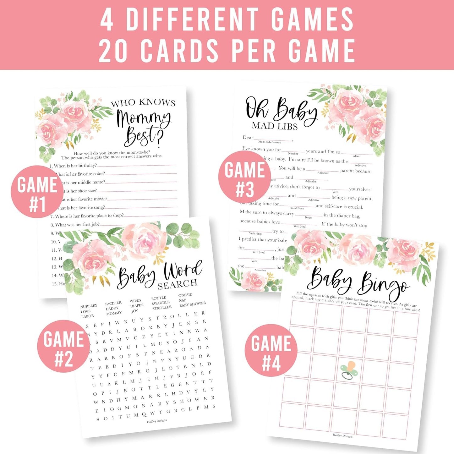 40 Floral Baby Shower Games For Girl - Baby Games For Baby Shower Bingo Game Girl, Who Knows Mommy Best Baby Shower Game, Baby Girl Baby Shower Word Search Game, Advice Cards Baby Shower Mad Libs Game