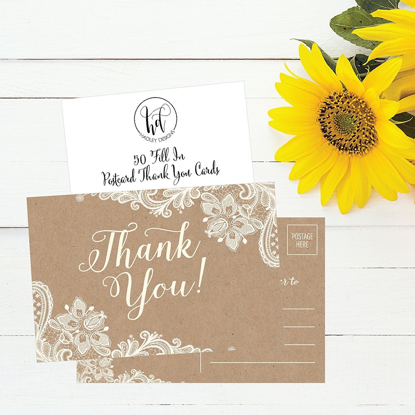 50 4x6 Kraft Thank You Postcards Bulk, Cute Rustic Matte Blank Thank You Note Card Stationery Set For Wedding, Bridesmaid, Bridal Baby Shower, Teachers, Appreciation, Religious, Business, Holidays