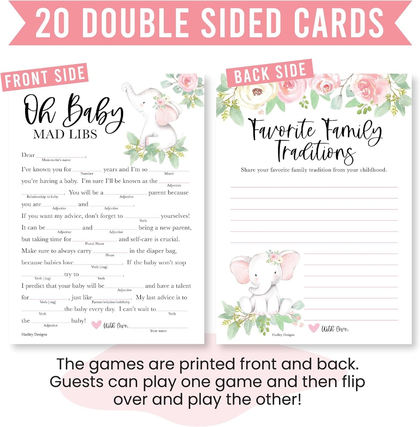 20 Elephant Baby Shower Games For Girl - Hilarious Baby Shower Games Girl, Advice Cards Baby Shower Mad Libs Game Funny, Family Tradition Cards For Baby Shower, Baby Girl Baby Shower Games Funny