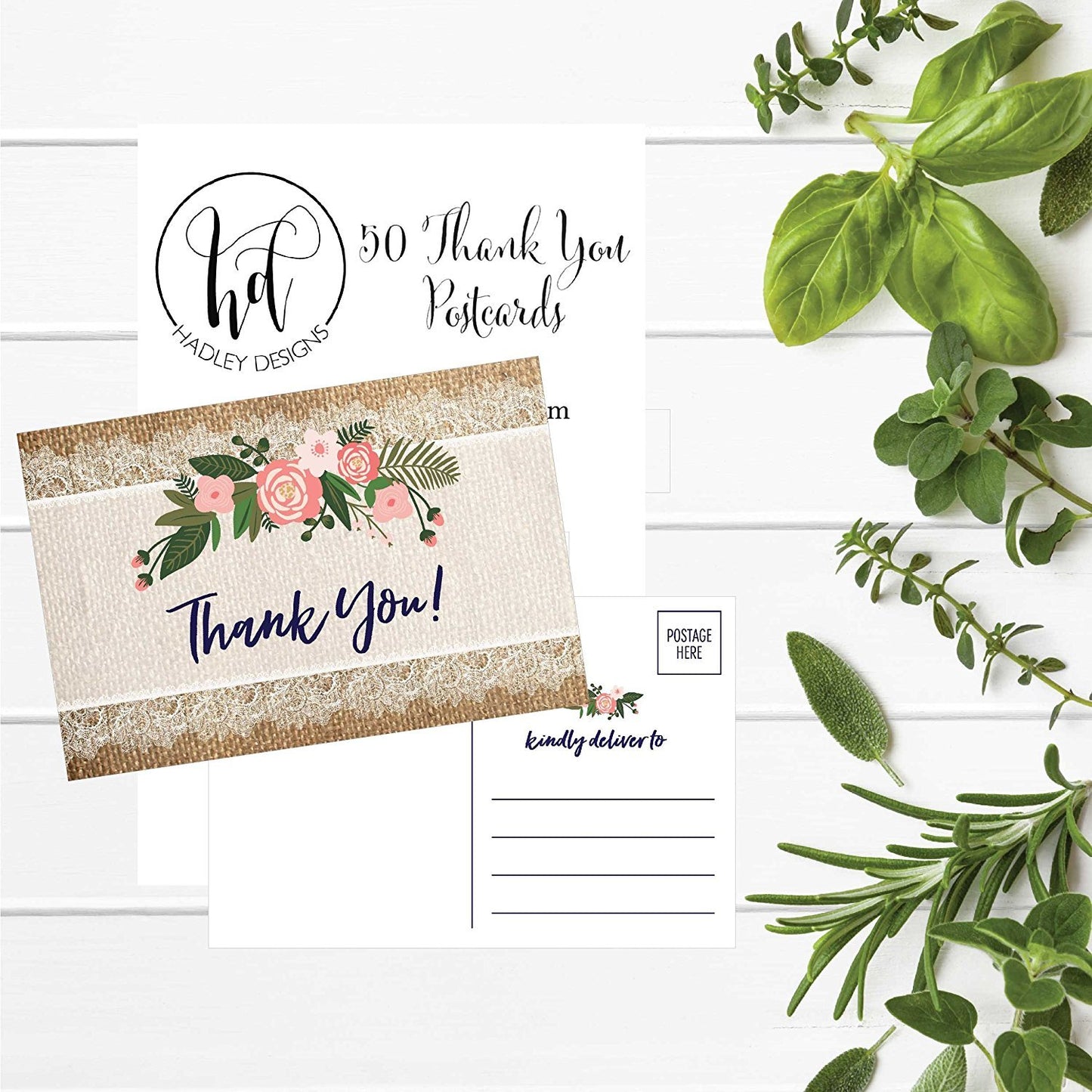 50 4x6 Rustic Flower Thank You Postcards Bulk, Cute Kraft Floral Watercolor Note Card Stationery For Wedding, Bridesmaid, Bridal or Baby Shower, Teachers, Appreciation, Religious, Business, Holiday