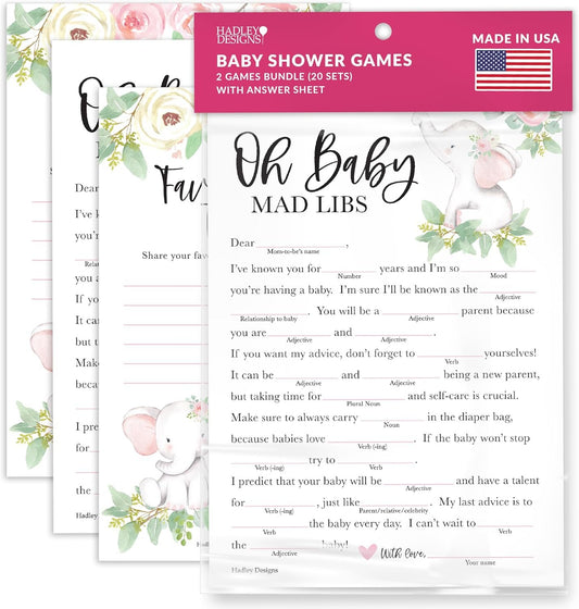 20 Elephant Baby Shower Games For Girl - Hilarious Baby Shower Games Girl, Advice Cards Baby Shower Mad Libs Game Funny, Family Tradition Cards For Baby Shower, Baby Girl Baby Shower Games Funny