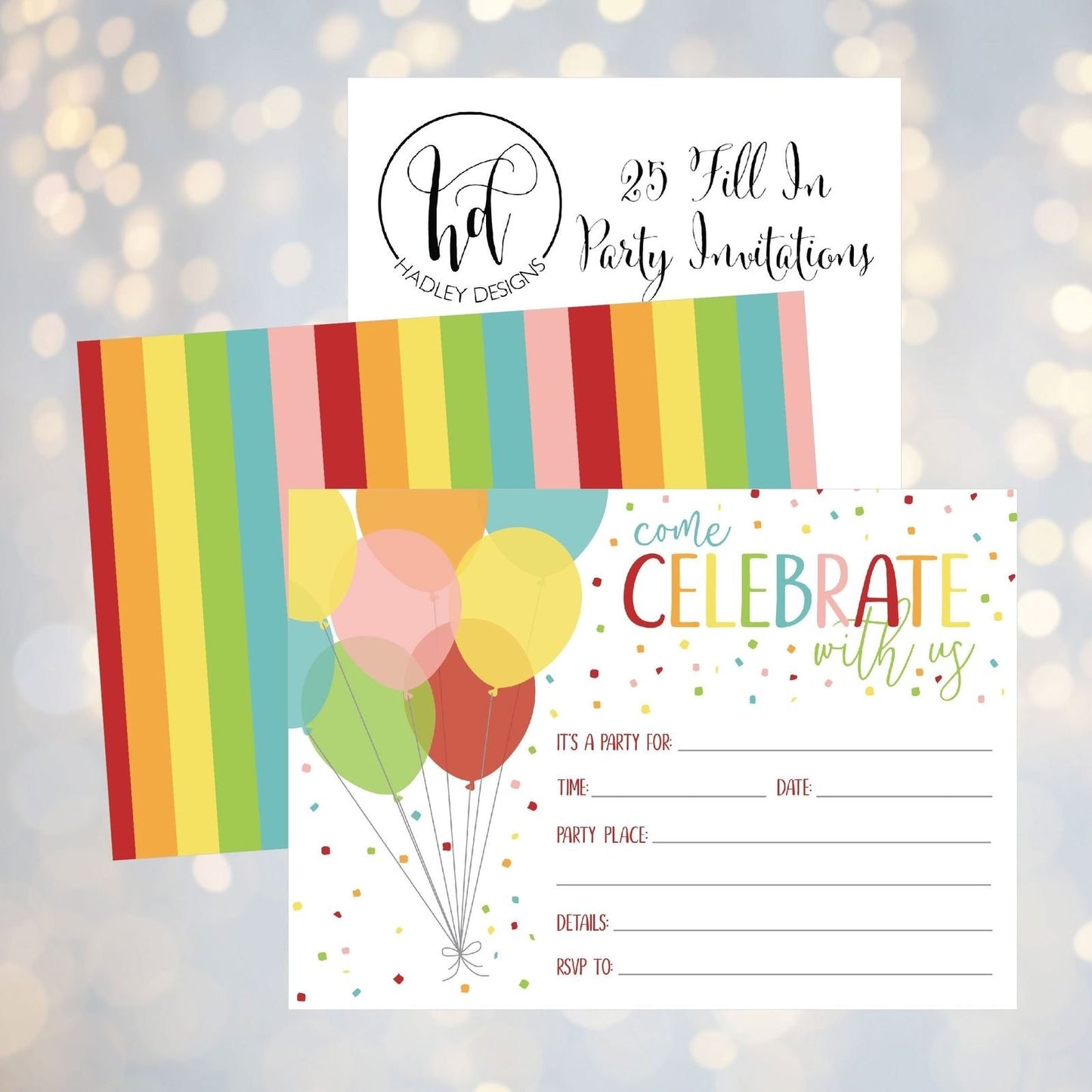 25 Rainbow Balloon Party Invitations for Kids, Teens, Adults, Boys & Girls, Blank Children Happy 1st Birthday Invitation Cards, Unique Baby First Bday Invites, Toddler 1 2 3 Year Old Invites Fill In