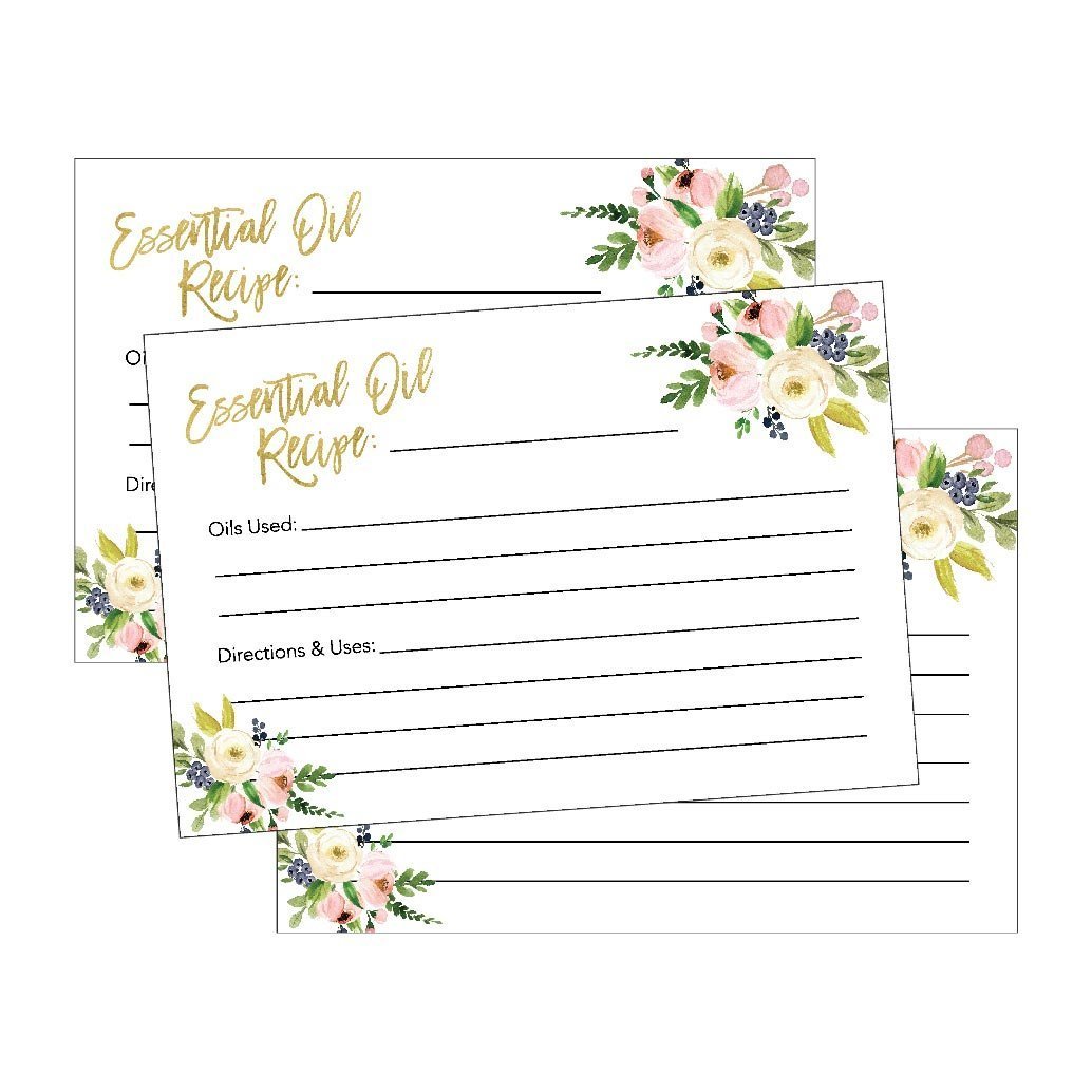 25 4x6 Floral Essential Oil Recipe Cards, Doterra Young Living YL Blank DIY Aromatherapy Recipe Notebook Journal or Organizer Binder Book Beginner Beauty Therapy Diffuser Perfume Recipe Blending Guide