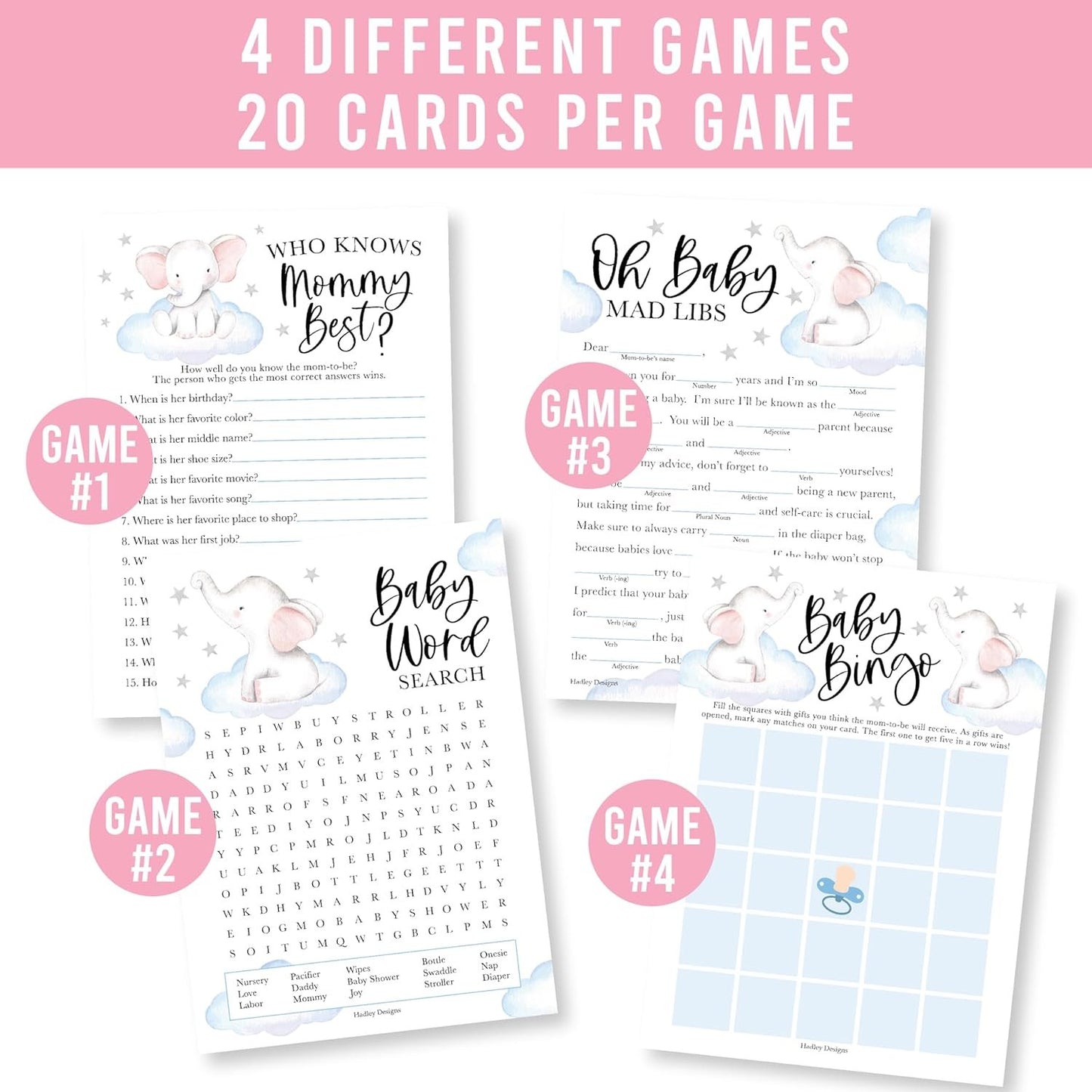 40 Elephant Baby Shower Games Boy - Baby Games For Baby Shower Bingo Games Boy, Who Knows Mommy Best Baby Shower Game, Baby Boy Baby Shower Word Search Game, Advice Cards Baby Shower Mad Libs Game