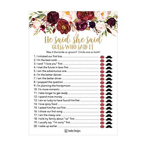 He Said She Said Bridal Shower Games | Set of 25 | Cards & Party