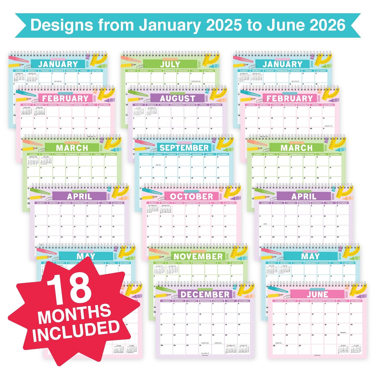 Office Doodle Small Desk Calendar | 2025-2026 | Standing Flip Calendar