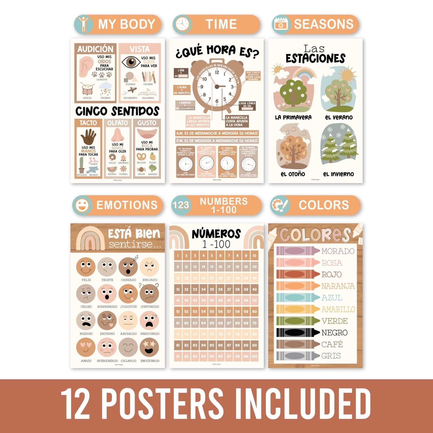 Neutral Spanish Posters | Set of 12 | Spanish Educational Supplies