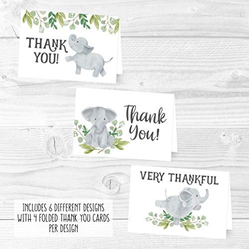 Greenery Elephant Folded Thank You Cards | Set of 24 | Baby Shower