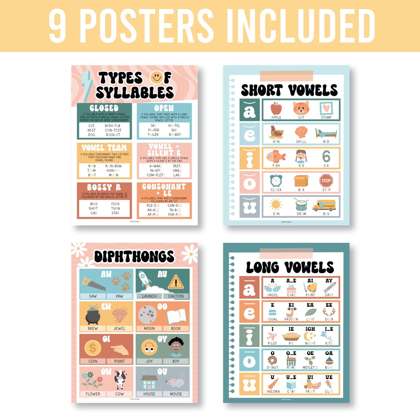 9 Retro Sound Wall Classroom Phonics Posters For Classroom Wall - Sound Wall Phonics Chart 1st Grade, Sound Wall Chart, 6 Syllable Types Posters For Classroom, Consonant Blends And Digraphs Posters