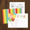 25 Rainbow Balloon Party Invitations for Kids, Teens, Adults, Boys & Girls, Blank Children Happy 1st Birthday Invitation Cards, Unique Baby First Bday Invites, Toddler 1 2 3 Year Old Invites Fill In