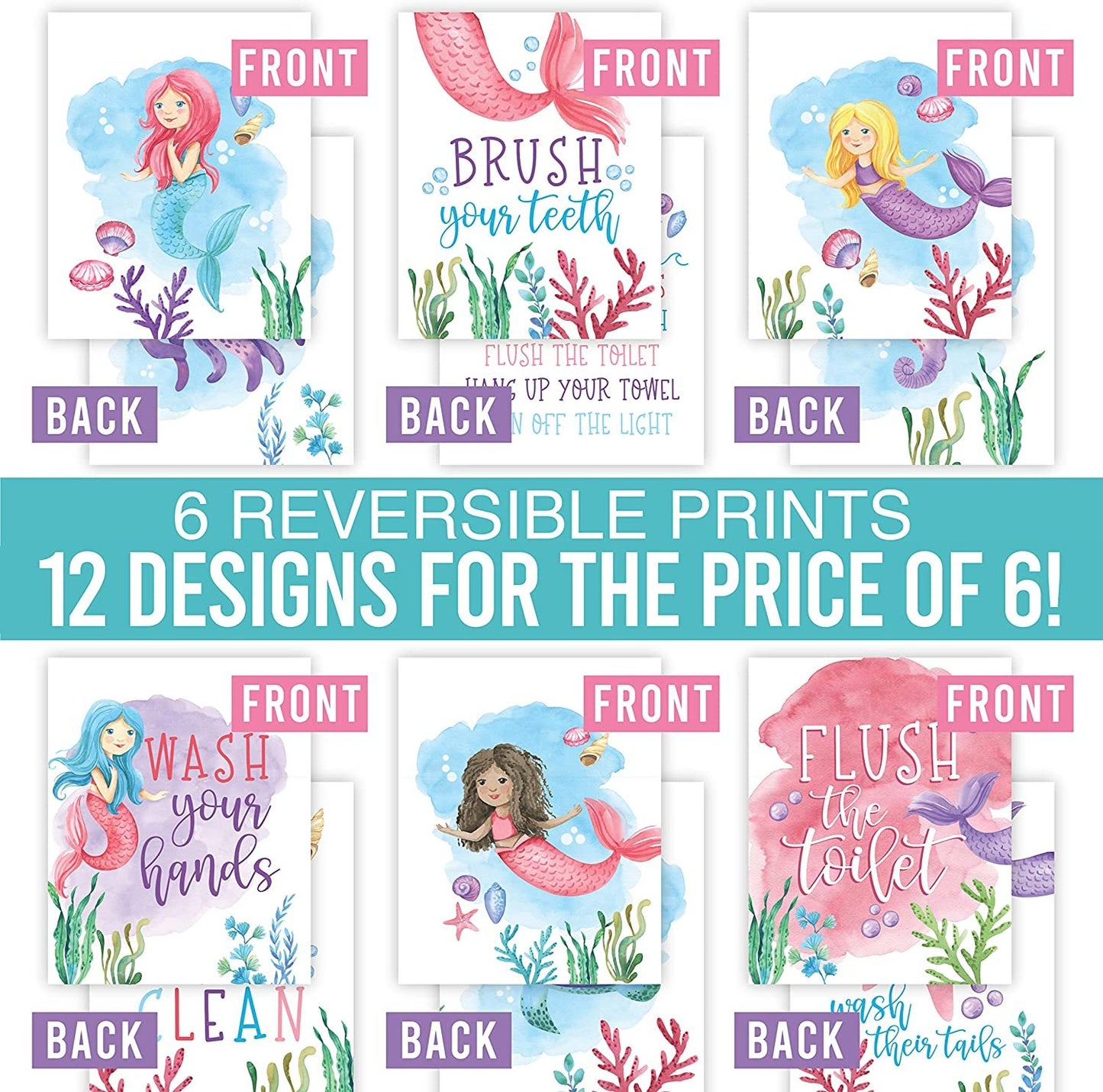 Kids Bathroom Wall Art | Set of 6 Reversible Prints | Home Decor