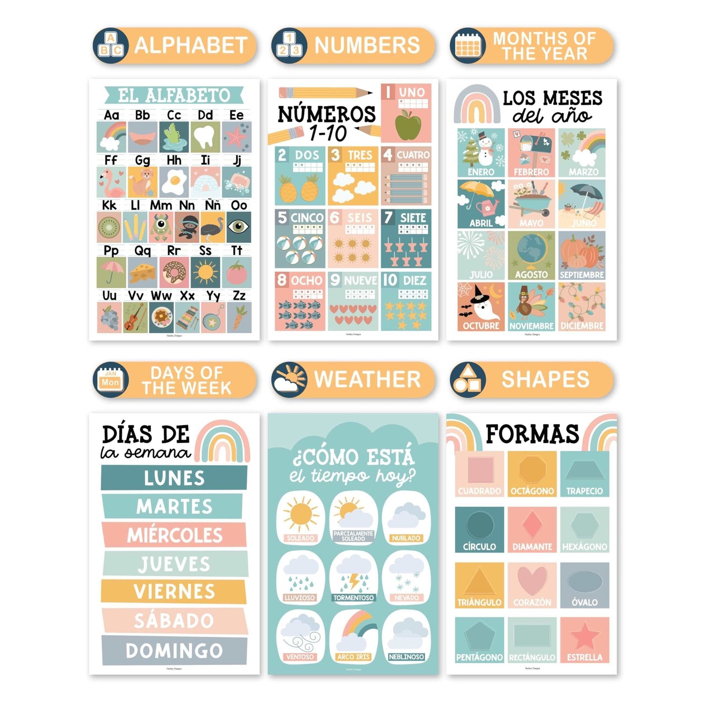 Boho Muted Spanish Posters | Set of 12 | Spanish Educational Supplies