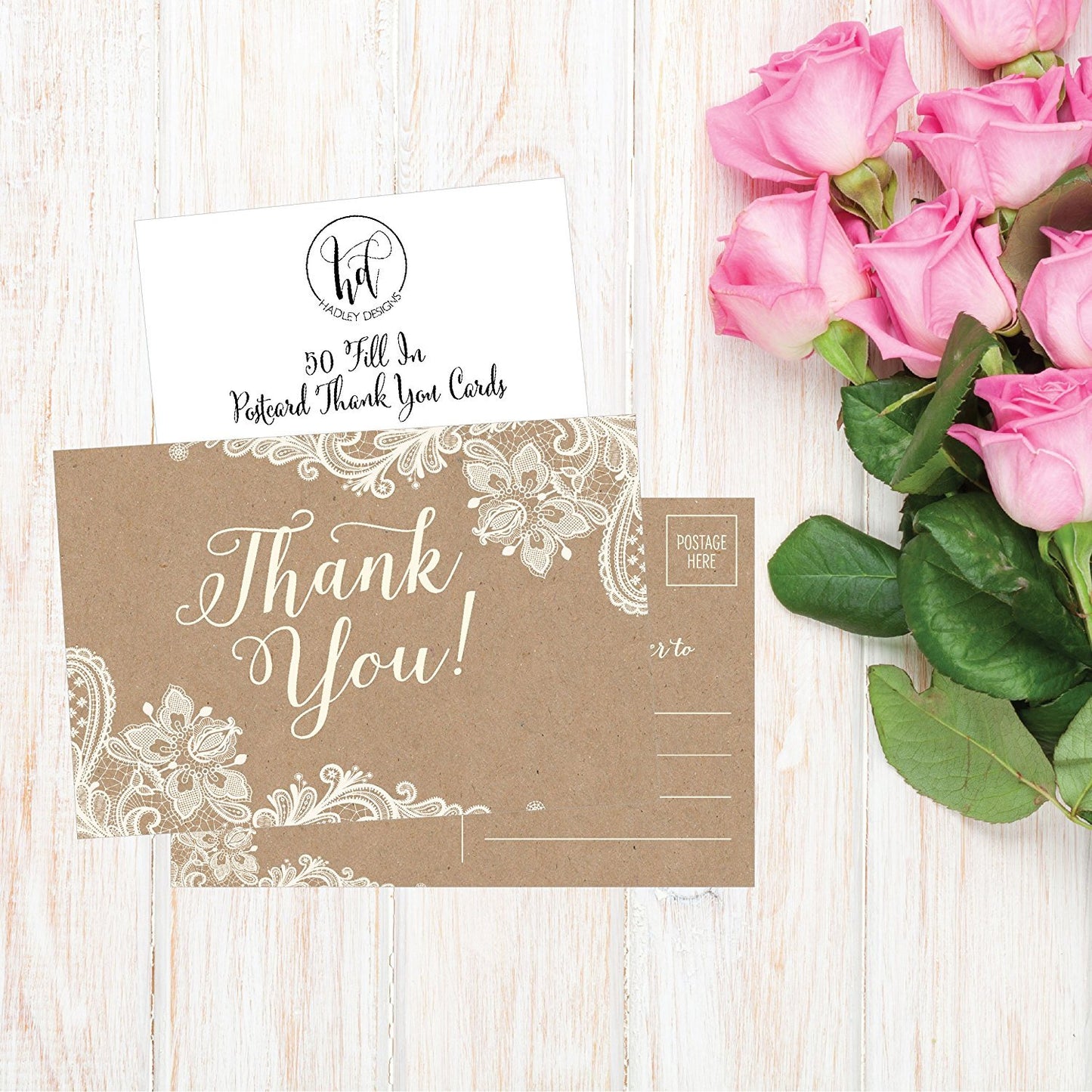 50 4x6 Kraft Thank You Postcards Bulk, Cute Rustic Matte Blank Thank You Note Card Stationery Set For Wedding, Bridesmaid, Bridal Baby Shower, Teachers, Appreciation, Religious, Business, Holidays