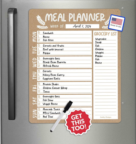 Rustic Weekly Dinner Menu Board For Kitchen - Magnetic Meal Planner For Refrigerator White Board Dry Erase, Weekly Menu Board For Fridge Whiteboard, Weekly Meal Planner Magnetic Fridge Whiteboard