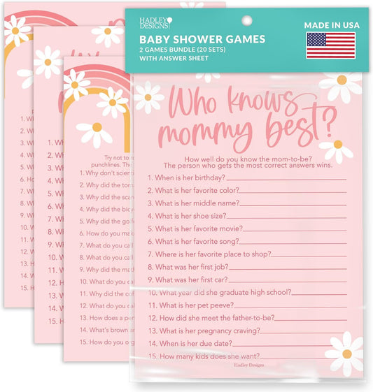 20 Retro Baby Shower Games for Girl - Hilarious Baby Shower Games Girl, Who Knows Mommy Best Baby Shower Game Card, Baby Games for Baby Shower Games Dad Jokes, Baby Girl Baby Shower Games Funny