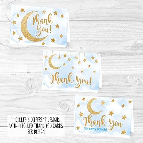 Blue Moon & Stars Folded Thank You Cards | Set of 24 | Baby Shower