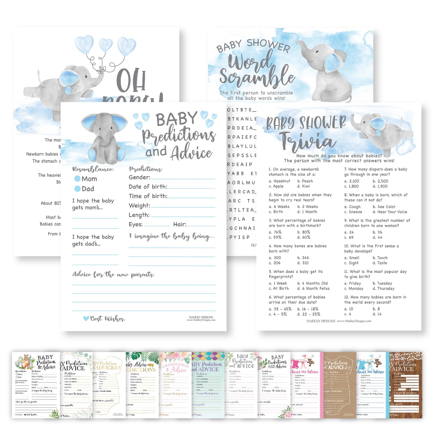 Word Scramble, True or False, Predictions, Trivia Baby Shower Games | Set of 50