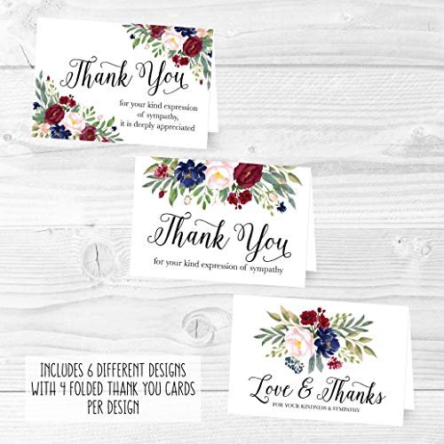 Navy Burgundy Folded Thank You Cards | Set of 24 | Sympathy