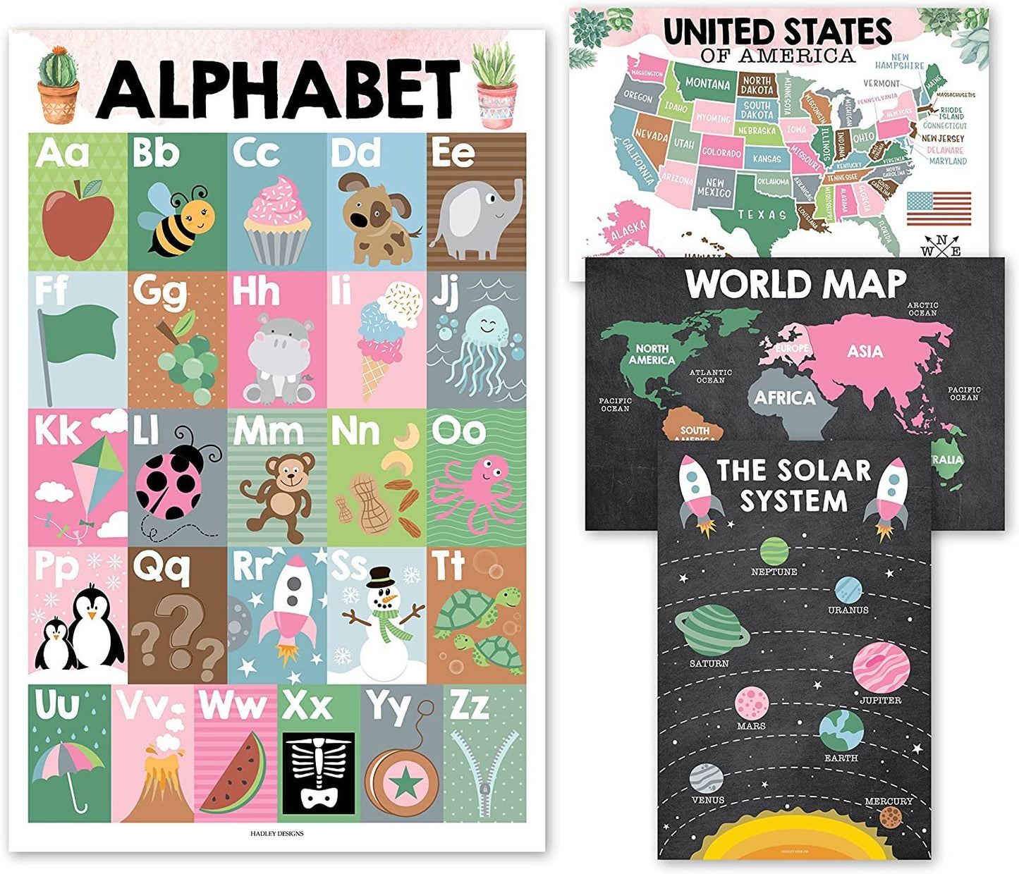 Cactus ABC, US Map, World Map, Solar System  Posters | Set of 4 | PreK Educational Posters