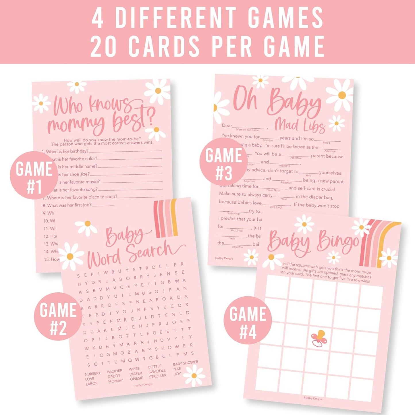 40 Retro Baby Shower Games For Girl - Baby Games For Baby Shower Bingo Game Girl, Who Knows Mommy Best Baby Shower Game, Baby Girl Baby Shower Word Search Game, Advice Cards Baby Shower Mad Libs Game