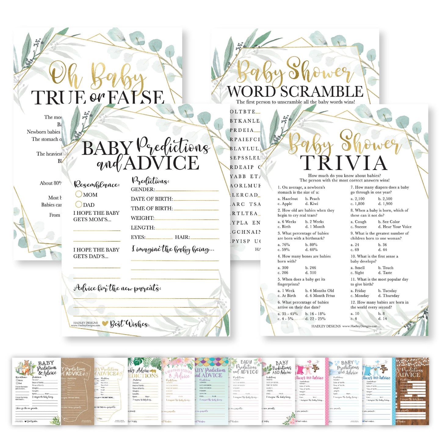 Word Scramble, True or False, Predictions, Trivia Baby Shower Games | Set of 50