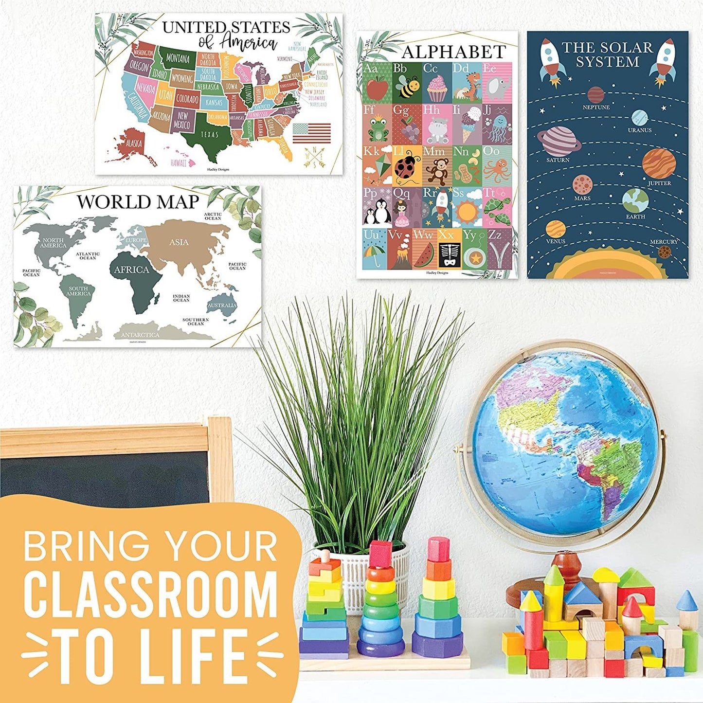 4 Greenery Pre K Learning Posters For Toddlers 1-3 - ABC Poster For Toddlers Wall, Solar System Poster For Kids Maps, Preschool Classroom Map Of The World Poster, Kindergarten Homeschool Supplies