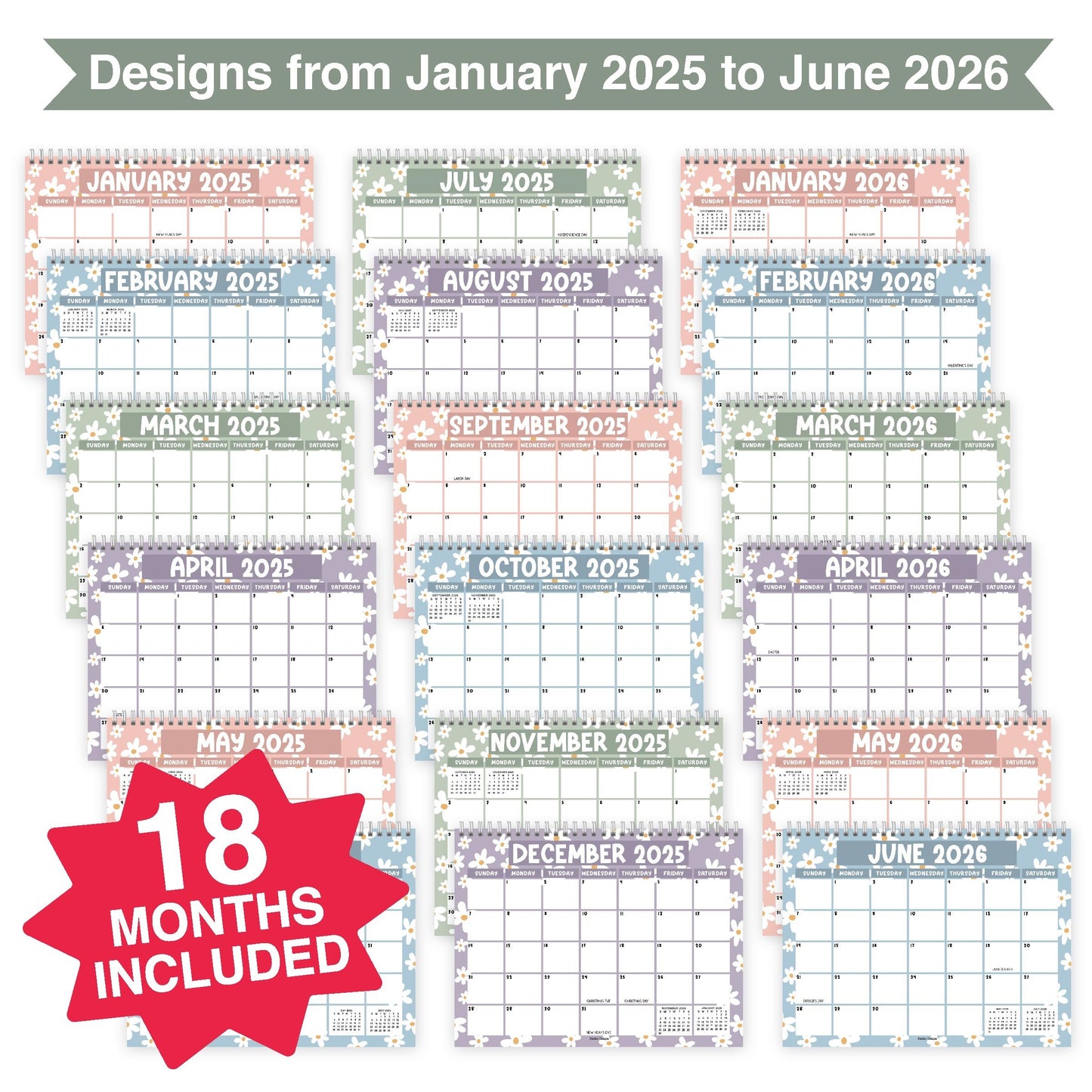 Daisy Small Desk Calendar | 2025-2026 | Standing Flip Calendar