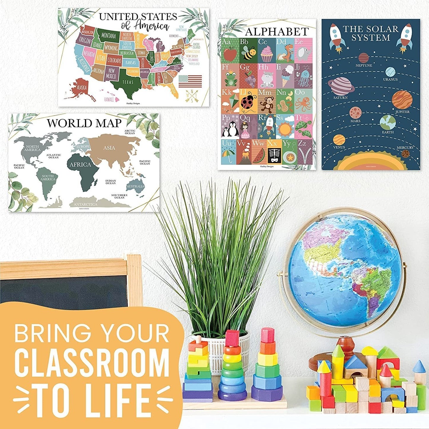 Greenery ABC, US Map, World Map, Solar System  Posters | Set of 4 | PreK Educational Posters