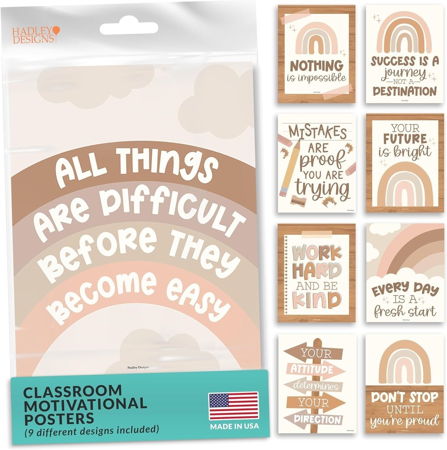 Neutral Classroom Motivational Posters | Set of 9 | Educational Supplies