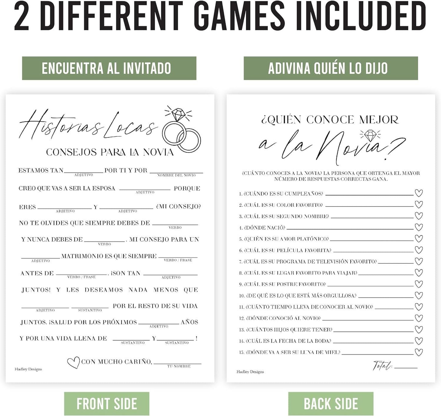 Mad Libs en español y Quién conoce mejor a la novia | Juego de 20 | Juegos para despedidas de soltera en español