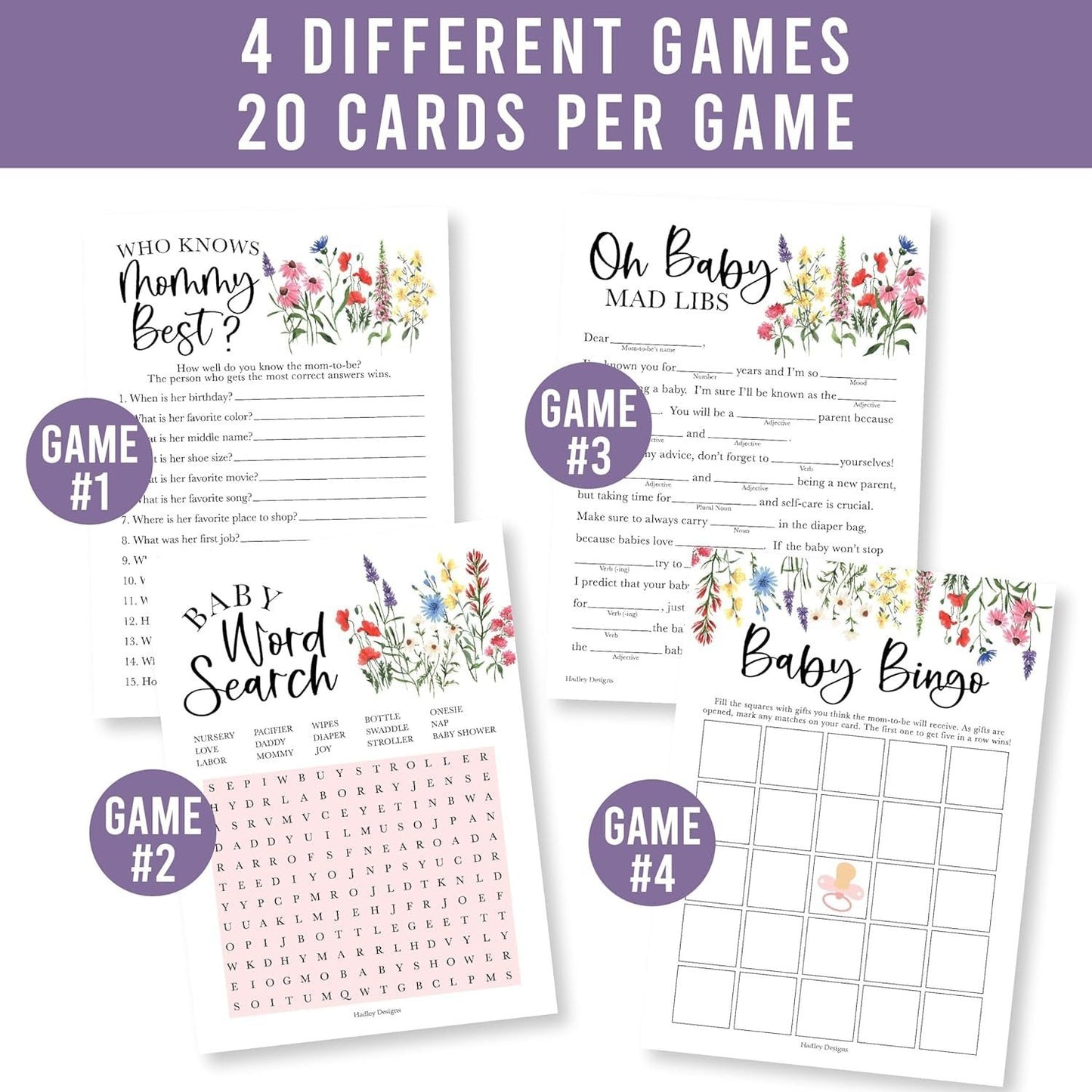 Word Search, Who Knows Mommy Best, Mad Libs, & Bingo Games | Set of 40 | Baby Shower Games